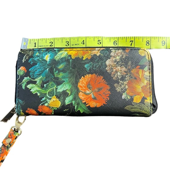Black/Orange/Green Floral Zip Around Wristlet Vegan Leather Wallet - Picture 4 of 9